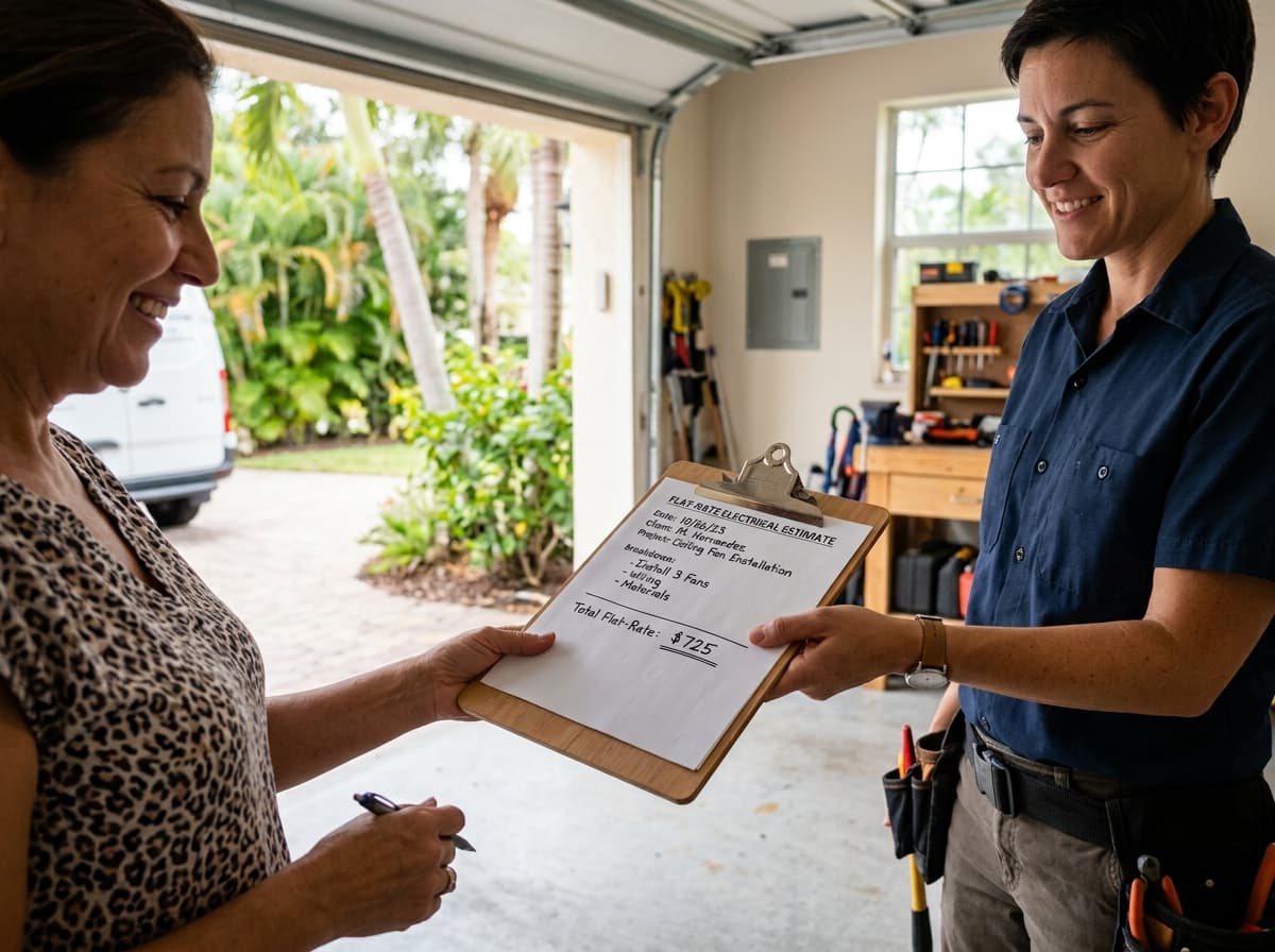 An electrician handing a customer a written flat-rate estimate